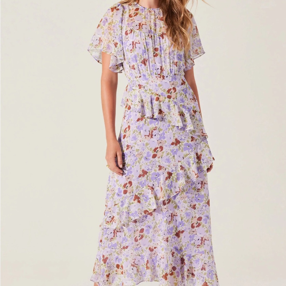 Astr Purple Tiered Maxi Dress with Flutter Sleeves